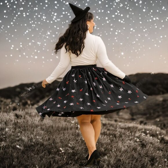 Unique Vintage Gellar Swing Midi Skirt Gothic Skull Heart Flare Bottom Halloween - Picture 3 of 9